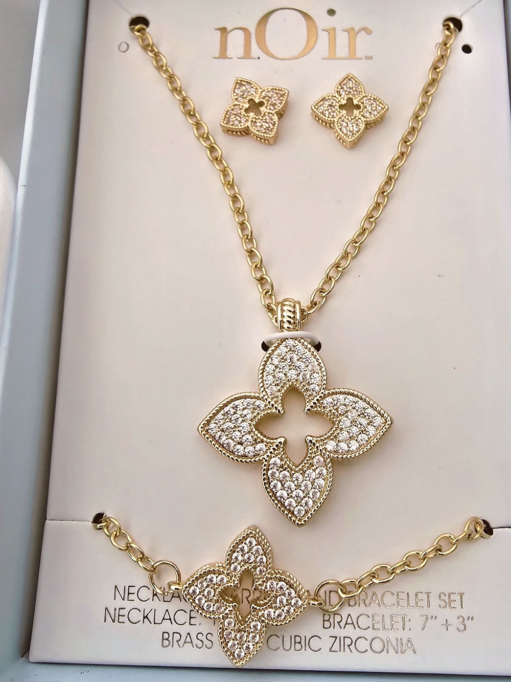 nOir Jewelry Gold Cubic Zirconia Floral Necklace, Bracelet & Earring Clover‎ Set - Picture 2 of 5